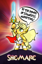 Size: 657x1000 | Tagged: safe, artist:dan232323, applejack, earth pony, pony, g4, bipedal, crossover, dialogue, female, hoof hold, mare, she-ra, solo, sword, weapon