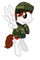 Size: 679x1024 | Tagged: safe, artist:lietiejackson, oc, oc only, oc:heartshot, pegasus, pony, braytish army (mlp), camouflage, clothes, cute, flying, gloves, goggles, helmet, male, military uniform, pouch, smiling, solo, stallion, vest