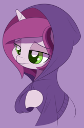 Size: 2000x3044 | Tagged: safe, artist:esfelt, oc, oc only, oc:lilac prose, pony, unicorn, clothes, female, high res, hoodie, lidded eyes, mare, purple background, raised hoof, sad, simple background, solo