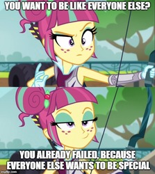 Size: 500x561 | Tagged: safe, edit, edited screencap, screencap, sour sweet, equestria girls, g4, my little pony equestria girls: friendship games, bow (weapon), caption, female, image macro, meme, solo, text