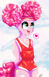 Size: 1600x2500 | Tagged: safe, artist:lucaaegus, pinkie pie, anthro, g4, cute, heart, pinktails pie, red, speech bubble, sports outfit