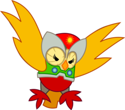 Size: 610x538 | Tagged: safe, artist:4-chap, owlowiscious, bird, owl, g4, armor, clothes, cosplay, costume, crossover, flying, mega man (series), megaman x, storm owl