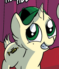 Size: 194x226 | Tagged: safe, idw, official comic, pony, unicorn, g4, micro-series #8, my little pony micro-series, spoiler:comic, cap, colt, cropped, cutie mark, ducktales, hat, louie (pony), louie duck, male, musical instrument, ponified, smiling, solo focus, trumpet