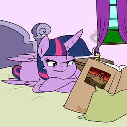 Size: 800x800 | Tagged: safe, artist:bennimarru, twilight sparkle, alicorn, pony, g4, bed, book, candle, female, flat colors, lidded eyes, lying down, mare, pillow, reading, simple background, solo, twilight sparkle (alicorn)