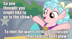Size: 1280x700 | Tagged: safe, edit, edited screencap, screencap, cozy glow, pegasus, pony, g4, school raze, season 8, caption, cozybetes, cute, female, filly, image macro, impact font, jewelry, necklace, open mouth, outstretched arms, pink floyd, pun, smiling, solo, song reference, text, the wall