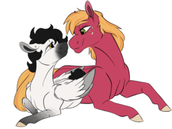 Size: 2732x2048 | Tagged: safe, artist:ask-y, big macintosh, oc, oc:crescendo, pegasus, pony, g4, canon x oc, female, high res, male, mare, prone, simple background, straight, transparent background