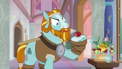 Size: 1920x1080 | Tagged: safe, screencap, rockhoof, earth pony, pony, a rockhoof and a hard place, g4, angry, apple, beard, disgusted, facial hair, flower, food, fruit bowl, hallway, male, moustache, rockhoof's shovel, shovel, solo, stallion, vase