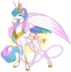 Size: 724x739 | Tagged: safe, artist:liza-lee, princess celestia, alicorn, pony, g4, female, gradient background, harness, leonine tail, lidded eyes, long tail, looking at you, mare, peytral, regalia, simple background, smiling, solo, spread wings, tack, wings