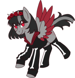 Size: 1034x1077 | Tagged: safe, artist:elizadoesadopts, oc, oc only, oc:red sky, pegasus, pony, bone, clothes, colored wings, female, flower, headband, hoodie, mare, multicolored wings, raised hoof, rose, simple background, socks, solo, transparent background