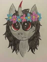 Size: 4032x3024 | Tagged: safe, artist:ice-star-pony, king sombra, pony, fanfic:favorable alignment, g4, alternate hairstyle, alternate universe, bust, curved horn, doodle, fanfic, fanfic art, floral head wreath, flower, flower in hair, horn, long mane, messy mane, missing accessory, red eyes, traditional art