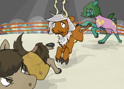 Size: 700x500 | Tagged: safe, artist:autumnbramble, oc, oc only, oc:autumn bramble, oc:tempus fidgets, deer, earth pony, pony, sports, wrestling, wrestling ring