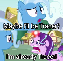 Size: 1480x1440 | Tagged: safe, edit, edited screencap, screencap, starlight glimmer, trixie, pony, all bottled up, g4, angry, caption, i'm already tracer, image macro, meme, no mercy, overwatch, ponyville, song reference, text, text edit, tracer, yelling