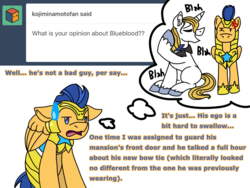 Size: 1024x768 | Tagged: safe, artist:askflashsentrythegaurdpony, flash sentry, prince blueblood, pegasus, pony, unicorn, g4, cross-popping veins, hoof shoes, male, royal guard, stallion, sweat, sweatdrop, tumblr, unshorn fetlocks