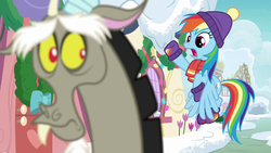 Size: 1280x720 | Tagged: safe, screencap, discord, rainbow dash, draconequus, pegasus, pony, g4, my little pony best gift ever, clothes, duo, female, flying, hat, male, mare, open mouth, scarf, snow, winter outfit