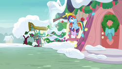 Size: 1280x720 | Tagged: safe, screencap, discord, rainbow dash, pegasus, pony, g4, my little pony best gift ever, christmas wreath, clothes, disembodied hand, female, flying, grabbing, hand, hat, mare, ponyville, scarf, snow, winter, winter outfit, wreath