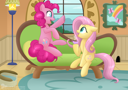 Size: 4950x3510 | Tagged: safe, artist:raspberrystudios, fluttershy, pinkie pie, earth pony, pegasus, pony, g4, couch, cute, duo, excited, female, fluttershy's cottage, folded wings, food, indoors, lamp, looking at each other, mare, open mouth, smiling, tea, wings