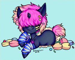 Size: 1280x1036 | Tagged: safe, artist:bukkustuff, oc, oc only, pony, candy, clothes, food, hair over eyes, prone, simple background, socks, striped socks, tattoo, ych result