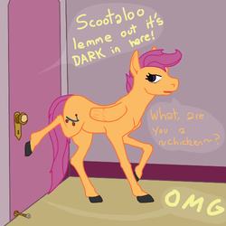 Size: 500x500 | Tagged: safe, artist:autumnbramble, scootaloo, bird, chicken, pegasus, pony, g4, caption, duo, implied apple bloom, irony, meme, offscreen character, omg, smug, stuck, wrong cutie mark