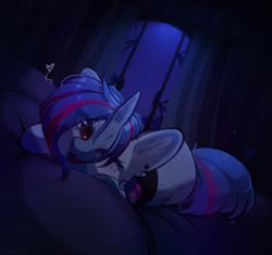 Size: 1700x1600 | Tagged: safe, artist:dreamcharlie, oc, oc only, oc:aqua jewel, pony, unicorn, female, heart, lying down, mare, night, one eye closed, solo, tongue out, wink, ych result