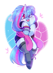 Size: 1250x1700 | Tagged: safe, artist:dreamcharlie, oc, oc only, oc:aqua jewel, pony, unicorn, :p, bracelet, clothes, cute, disembodied hand, female, hand, holding a pony, jewelry, mare, ocbetes, socks, solo, thigh highs, tongue out, ych result