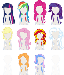 Size: 1080x1268 | Tagged: safe, artist:liggliluff, applejack, fluttershy, pinkie pie, rainbow dash, rarity, sunflower (g4), sunset shimmer, trixie, twilight sparkle, oc, oc:princess paradise, equestria girls, g4, assets, belly button, dress up, dressup game, hair, hairstyle, humane five, humane seven, humane six, one of these things is not like the others, vector
