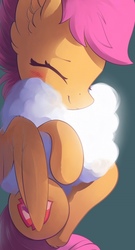 Size: 360x668 | Tagged: safe, artist:freeedon, scootaloo, pegasus, pony, g4, blushing, cloud, cute, cutealoo, cutie mark, eyes closed, female, filly, sleeping, solo, the cmc's cutie marks
