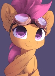 Size: 607x834 | Tagged: safe, artist:freeedon, scootaloo, pegasus, pony, g4, aviator goggles, blue background, cute, cutealoo, ear fluff, female, filly, goggles, looking at you, simple background, smiling, solo
