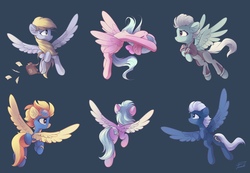 Size: 2560x1772 | Tagged: safe, artist:freeedon, cloudchaser, derpy hooves, fleetfoot, flitter, night glider, spitfire, pegasus, pony, g4, chest fluff, clothes, eyes closed, female, goggles, jumpsuit, letter, mailbag, mare, simple background, spread wings, sticker set, uniform, warmup suit, wings, wonderbolts uniform