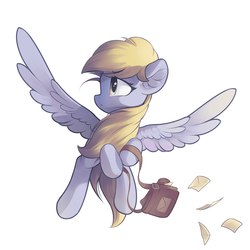 Size: 2100x2100 | Tagged: safe, artist:freeedon, derpy hooves, pegasus, pony, g4, bag, female, flying, high res, letter, mail, mailbag, mare, simple background, solo, spread wings, white background, wings