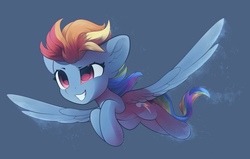 Size: 1234x784 | Tagged: safe, artist:freeedon, rainbow dash, pegasus, pony, g4, female, flying, grin, mare, smiling, solo, spread wings, wings