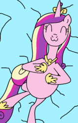 Size: 567x899 | Tagged: safe, artist:didgereethebrony, princess cadance, alicorn, pony, g4, :3, ^^, bed, belly, bellyrubs, big belly, crown, eyes closed, female, food baby, hoof shoes, hooves on belly, implied stuffing, jewelry, long mane, long tail, lying on bed, not pregnant, peytral, princess shoes, regalia, round belly, solo, stuffed, stuffed belly, tail