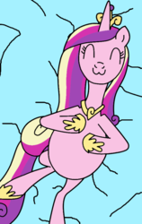 Size: 567x899 | Tagged: safe, artist:didgereethebrony, princess cadance, alicorn, pony, g4, :3, ^^, bed, belly, bellyrubs, big belly, crown, eyes closed, female, food baby, hoof shoes, hooves on belly, implied stuffing, jewelry, long mane, long tail, lying on bed, not pregnant, peytral, princess shoes, regalia, round belly, slender, solo, stuffed, stuffed belly, tail, thin