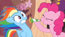 Size: 480x270 | Tagged: safe, edit, edited screencap, screencap, pinkie pie, rainbow dash, earth pony, pegasus, pony, daring don't, g4, animated, cross-eyed, female, frown, gif, golden oaks library, gritted teeth, hoof hold, horn, mare, party horn, puffy cheeks, this will end in deafness, wide eyes, windswept mane