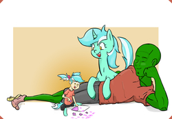 Size: 1452x1011 | Tagged: safe, artist:vinny, lyra heartstrings, oc, oc:hope, satyr, g4, anonymous, clothes, family bonding, family photo, gradient background, group shot, offspring, parent:lyra heartstrings, puzzle, socks