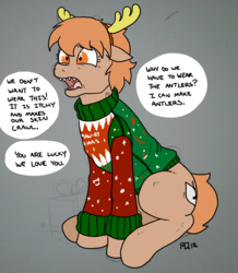 Size: 1045x1200 | Tagged: safe, artist:pony quarantine, oc, oc only, oc:amber rose (thingpone), oc:thingpone, earth pony, pony, adorable distress, antlers, body horror, christmas, clothes, cute, do not want, eldritch abomination, female, headgear, holiday, mare, pun, sitting, solo, speech bubble, sweater, teeth, text, thingabetes, upset, word play