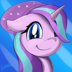 Size: 894x894 | Tagged: safe, artist:theunconsistentone, starlight glimmer, pony, unicorn, g4, beanie, blue background, female, hat, looking at you, mare, simple background, smiling