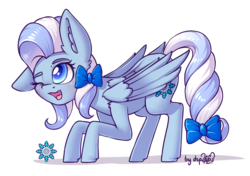 Size: 1330x936 | Tagged: safe, artist:dsp2003, part of a set, oc, oc only, oc:flakey hailstone, pegasus, pony, behaving like a cat, blushing, bow, commission, cute, cutie mark, female, hair bow, mare, one eye closed, open mouth, simple background, tail bow, transparent background