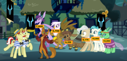 Size: 1828x876 | Tagged: safe, artist:3d4d, capper dapperpaws, flam, flim, gilda, mayor mare, prominence, terramar, tymbal, abyssinian, changedling, changeling, classical hippogriff, dragon, earth pony, griffon, hippogriff, pony, unicorn, yak, anthro, comic:the storm kingdom, g4, my little pony: the movie, anthro with ponies, bipedal, bowtie, chest fluff, clothes, cloven hooves, coat, dragoness, female, flim flam brothers, governor-general capper dapperpaws, hat, male, mare, shirt, slave, slavery, stallion, story included, straw hat