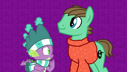 Size: 1280x720 | Tagged: safe, artist:ianpony98, edit, spike, oc, oc:ian, dragon, earth pony, pony, g4, my little pony best gift ever, clothes, earth pony oc, hat, looking up, male, purple background, scarf, simple background, striped scarf, sweater, winged spike, wings, winter outfit