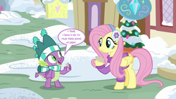 Size: 1280x720 | Tagged: safe, edit, edited screencap, screencap, fluttershy, spike, dragon, g4, my little pony best gift ever, clothes, dialogue, earmuffs, hat, paper, scarf, striped scarf, sweater, text, winged spike, wings, winter outfit