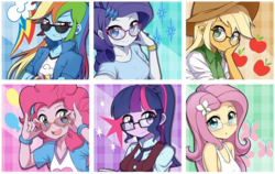 Size: 878x556 | Tagged: safe, artist:caibaoreturn, applejack, fluttershy, pinkie pie, rainbow dash, rarity, sci-twi, twilight sparkle, equestria girls, g4, clothes, cowboy hat, cropped, cutie mark background, female, glasses, hat, heart shaped glasses, humane five, humane six, looking at you, shirt, smiling, sunglasses