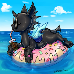 Size: 3900x3900 | Tagged: safe, artist:thatweirdpigeonlady, oc, oc only, oc:blank slate, changeling, cloud, drink, floaty, high res, inflatable, inflatable toy, inner tube, pool toy, solo, sunglasses, water, ych result