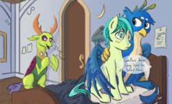 Size: 1280x772 | Tagged: safe, artist:kam, gallus, sandbar, thorax, changedling, changeling, earth pony, griffon, pony, g4, bed, blushing, caught, clapping, cute, dialogue, gay, king thorax, looking back, male, missing horn, quadrupedal, school of friendship, ship:gallbar, shipper on deck, shipping, stallion, starlight says bravo, teenager, thorabetes, wing hold