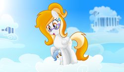 Size: 2500x1458 | Tagged: safe, artist:rainbownspeedash, oc, oc:rita cloudy, oc:vector cloud, pegasus, pony, baby, baby pony, cloud, cloudsdale, cute, ear piercing, earring, female, glasses, jewelry, mother and daughter, piercing, show accurate, vector