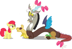 Size: 2685x1819 | Tagged: safe, artist:estories, artist:givralix, edit, editor:slayerbvc, vector edit, apple bloom, discord, draconequus, earth pony, pony, g4, accessory swap, accessory-less edit, apple bloom's bow, bow, duo, female, filly, hair bow, looking down, looking up, male, paws, tail bow, underpaw, vector