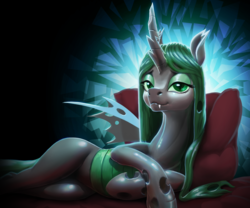 Size: 1600x1328 | Tagged: safe, artist:nadnerbd, oc, oc only, oc:ember, oc:ember (bladespark), changeling, crossed hooves, female, not queen chrysalis, queen, smiling, solo, sternocleidomastoid, sultry pose, wavy mouth