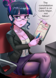 Size: 600x840 | Tagged: safe, artist:tzc, sci-twi, twilight sparkle, equestria girls, g4, art of the dress, breasts, busty twilight sparkle, canis major, canis minor, cleavage, clothes, crossed legs, dialogue, f, female, frown, glasses, hair bun, legs, miniskirt, open mouth, pantyhose, paper, pen, reference, skirt, solo, speech bubble, teacher, thighs
