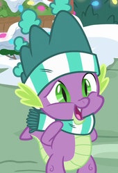 Size: 491x720 | Tagged: safe, screencap, spike, dragon, g4, my little pony best gift ever, arm behind back, clothes, cropped, hat, male, scarf, smiling, striped scarf, tail, winged spike, wings, winter outfit