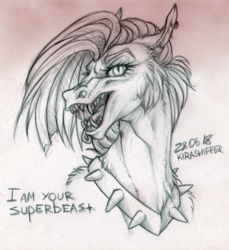 Size: 1024x1117 | Tagged: safe, artist:dementra369, oc, oc only, pony, bust, collar, ear piercing, fangs, female, mare, monochrome, open mouth, piercing, portrait, sketch, solo, spiked collar, traditional art