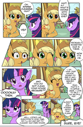 Size: 1800x2768 | Tagged: safe, artist:brokententacle, applejack, twilight sparkle, alicorn, pony, comic:curse and madness, g4, applejack's hat, cloud, comic, cowboy hat, creepy eyes, day, dialogue, doppelganger, female, hat, heterochromia, mare, mlpcam, ponyville, red pupils, sky, text, text bubbles, twilight sparkle (alicorn)
